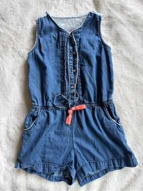 Girls' Blue Denim Romper with Coral Tie